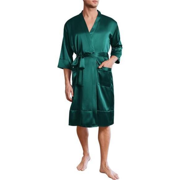 Men’s Green Lightweight Silky Satin Robe Kimono Bathrobe 3/4 Sleeve with Pockets - Picture 1 of 5